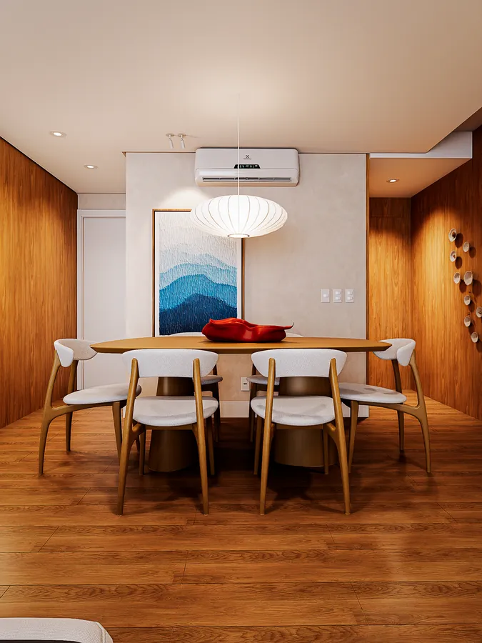 apê fa: sala de jantar com mesa redonda, cadeiras de madeira e quadro azul