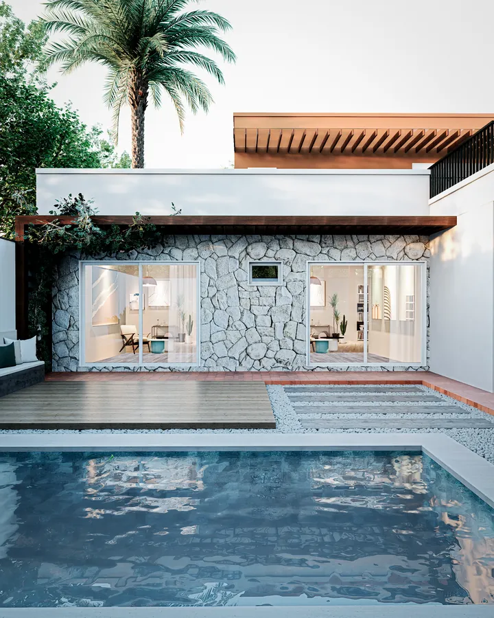 casa mf: piscina com deck e área de lazer com parede de pedra