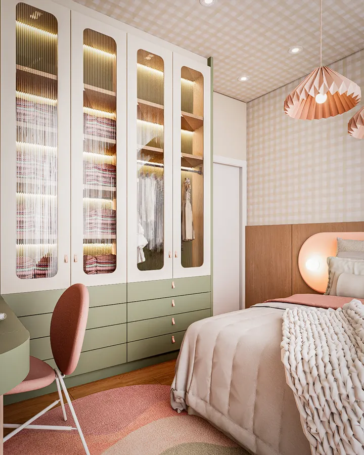 quarto gc: quarto infantil com armário verde e portas de vidro canelado