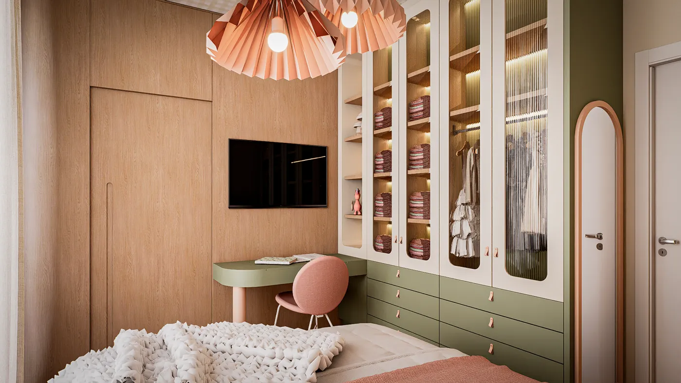 quarto gc: vista do quarto com escrivaninha, cadeira rosa e luminária pendente