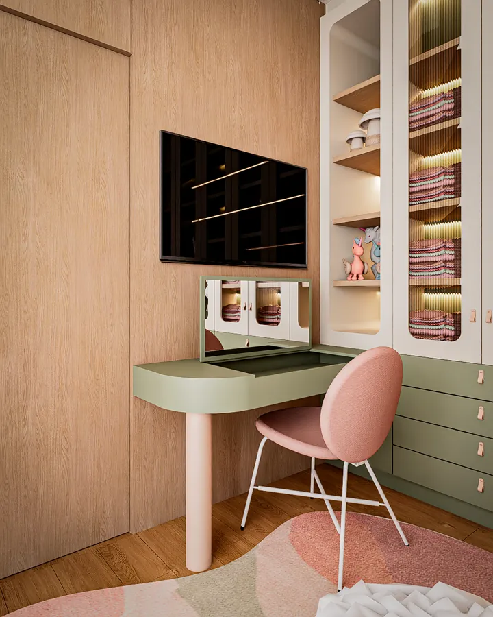 quarto gc: escrivaninha verde com cadeira rosa e painel de tv em madeira