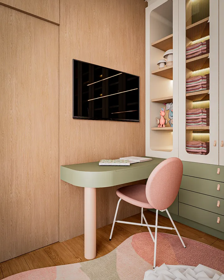 quarto gc: canto de estudos com escrivaninha verde e nichos iluminados