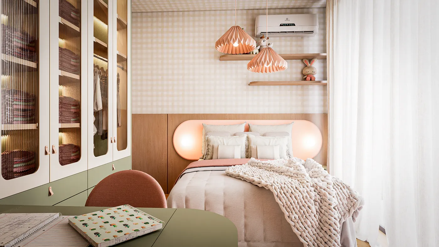quarto gc: cama com cabeceira arredondada e luminárias pendentes rosadas