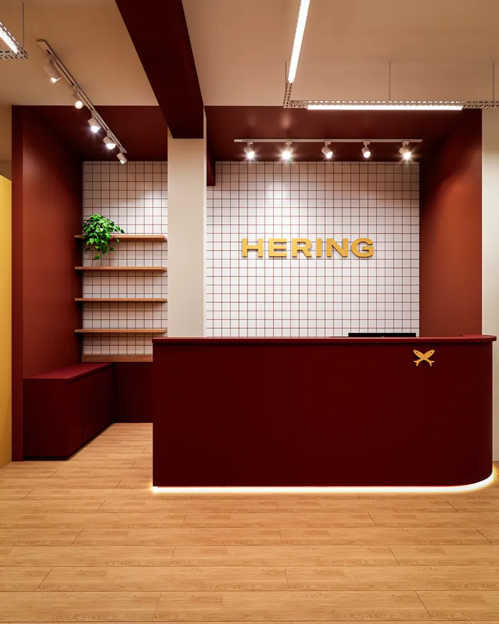 loja hering: balcão com o letreiro na parede de azulejos e prateleiras