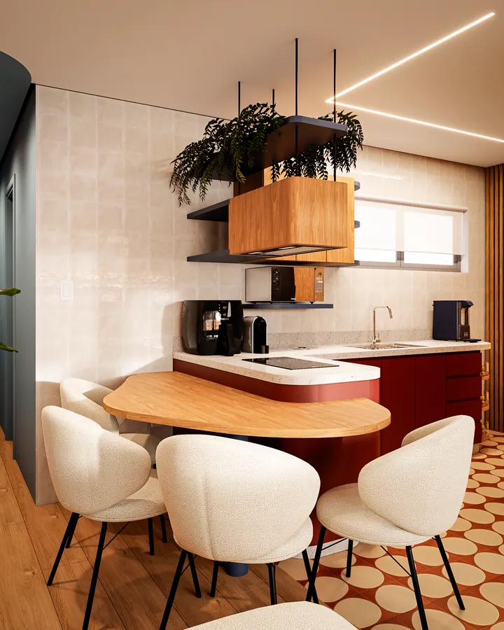 studio rr: cozinha vermelha com mesa orgânica de madeira e cadeiras brancas