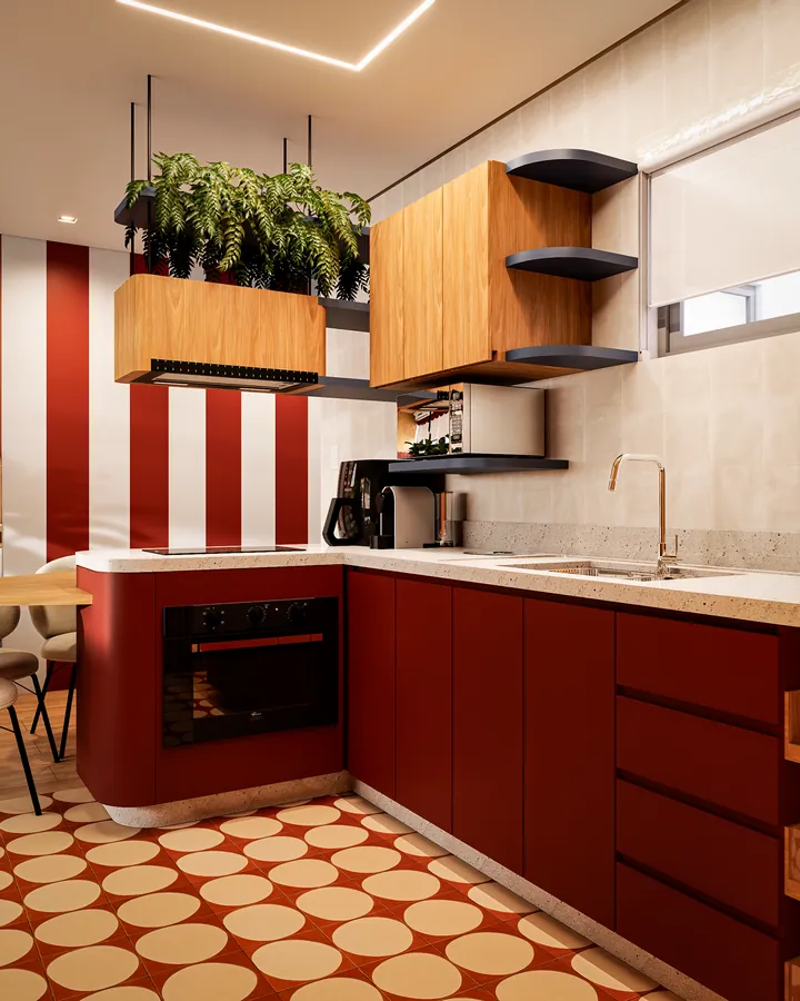 studio rr: cozinha em l vermelha, piso de bolinhas e floreira suspensa