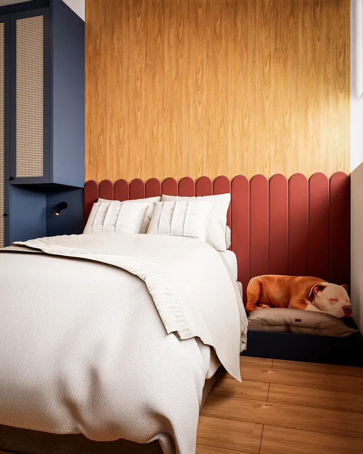 studio rr: cama com cabeceira vermelha ondulada e cantinho do pet