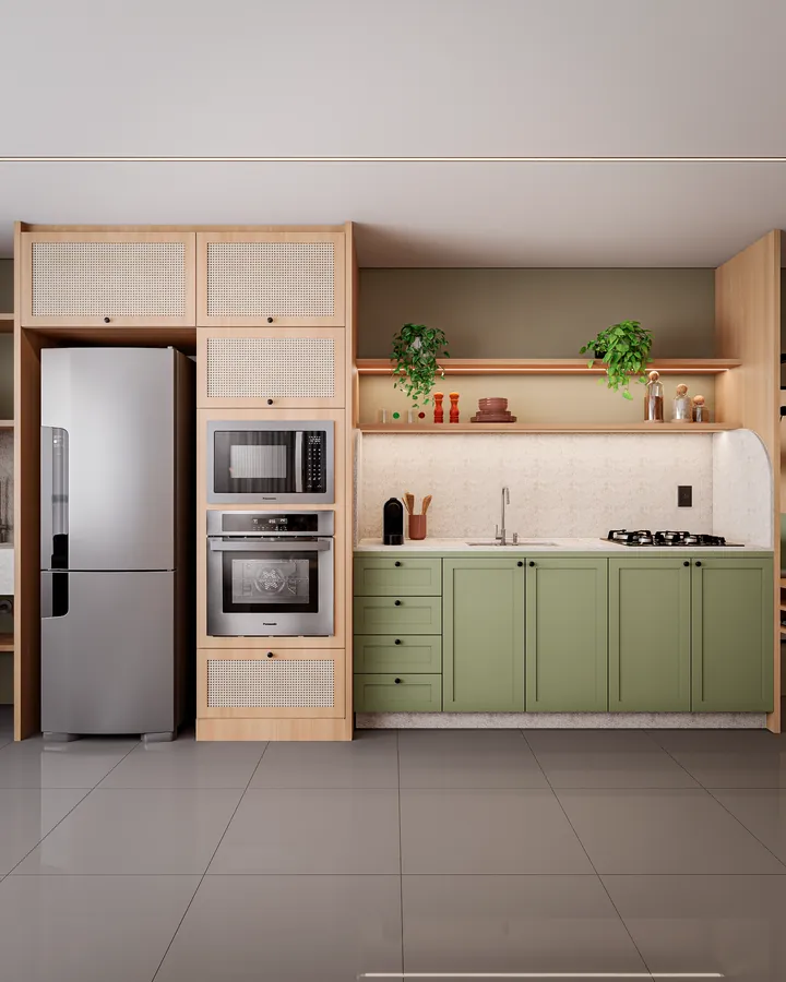 studio fs: cozinha com marcenaria verde e palhinha