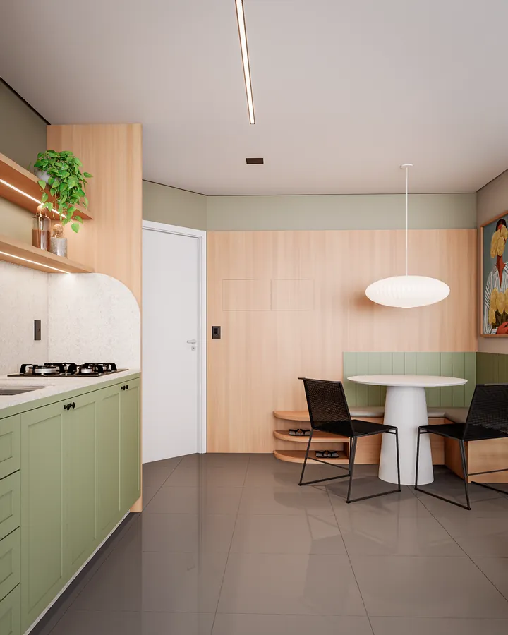 studio fs: cozinha verde com mesa redonda e banco