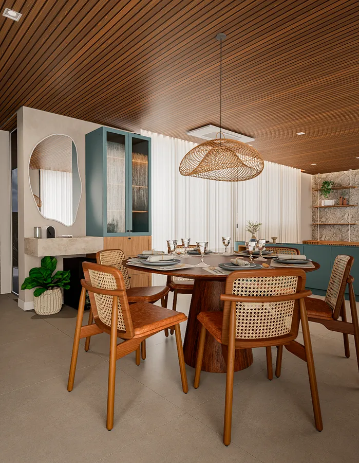 casa yg: sala de jantar com mesa redonda, cadeiras de palhinha e pendente de fibra