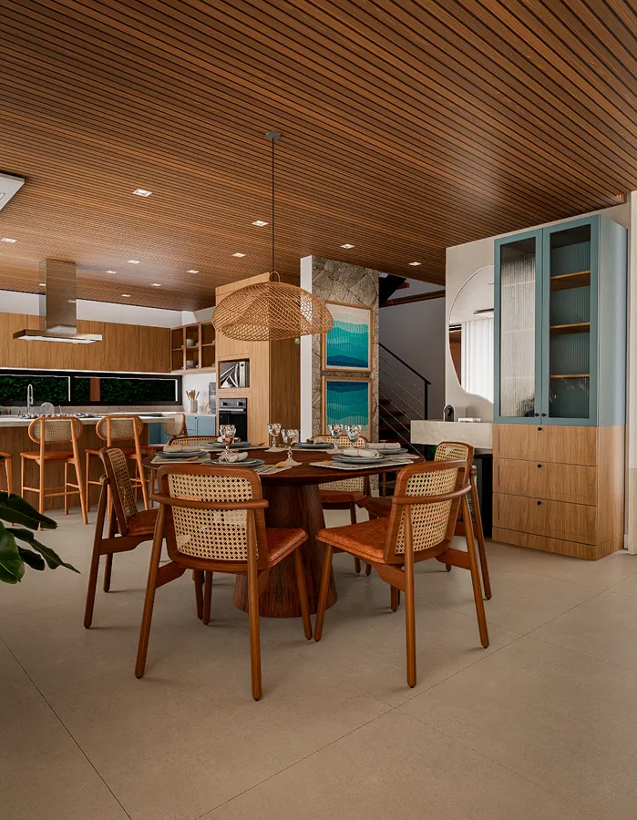 casa yg: área social integrada com sala de jantar e cozinha